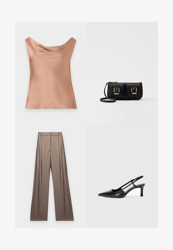 Camisola in satin color pesca chiaro, con una vestibilità rilassata, scollatura a scoperta e texture liscia, ideale da indossare a strati o come pezzo singolo.; Pantaloni a gamba larga in un colore taupe smorzato, realizzati in tessuto liscio con una finitura satinata. Presentano una cintura su misura e delle pieghe sottili.; Slingback con tacco in vernice nera con punta affusolata, caratterizzato da una stampa a serpente testurizzata, cinturino regolabile e un tacco corto e testurizzato.; Borsa a tracolla nera in pelle con due tasche frontali, fibbie dorate, chiusura con zip e una tracolla sottile. Superficie texturizzata e forma rettangolare compatta.