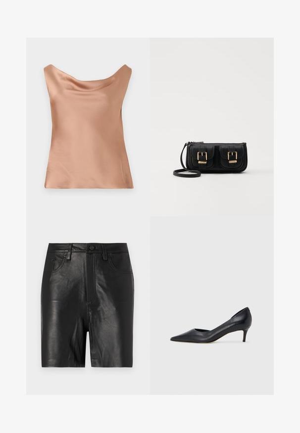 Camiseta de satén en melocotón claro, con un corte relajado, escote redondeado y textura suave, ideal para llevar en capas o de forma independiente.; Pantalones cortos de cuero negro con una textura suave, que cuentan con una cremallera frontal, cierre de botón y un diseño clásico de cinco bolsillos.; Zapato de tacón bajo de cuero negro con punta puntiaguda. Presenta una textura lisa y un brillo sutil. Corte abierto en la parte frontal para un detalle adicional.; Bolso cruzado de cuero negro con dos bolsillos frontales, hebillas doradas, cierre de cremallera y una correa delgada. Superficie texturizada y forma rectangular compacta.