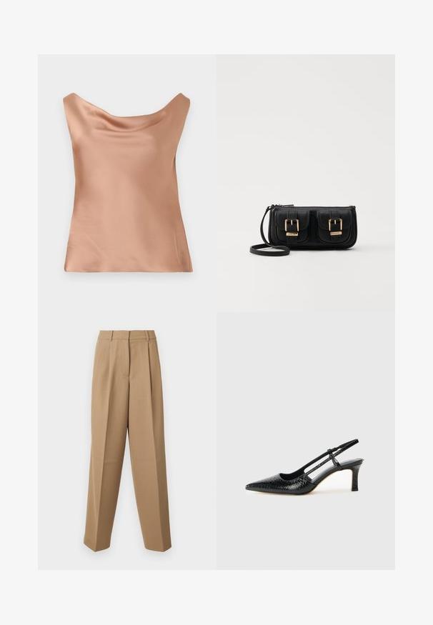 Samta kamzolā viegli persiku krāsā, ar brīvu piegriezumu, apaļu kakla izgriezumu un gludu tekstūru, ideāli piemērota kā kārtošanai, tā arī patstāvīgai valkāšanai.; Bēšas stilīgas bikses ar augstu jostasvietu, kroku priekšpusi un platām kājām. Audums izskatās gluds ar vieglu spīdumu.; Melna patent āda ar slīdošo papēdi un smailo purngalu, ar teksturētu čūsku drukājumu, regulējamu siksniņu un īsu teksturētu blokpapēdi.; Melnas ādas crossbody soma ar divām priekšējām kabatām, zelta sprādzēm, ar rāvējslēdzēju aizdari un šauru siksnu. Strukturēta virsma un kompakta taisnstūra forma.