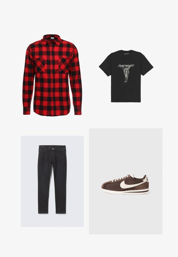 Rot-schwarz kariertes Flanellhemd mit Knopfleiste, langen Ärmeln und zwei Brusttaschen. Strukturierter Stoff mit kariertem Muster.; Schwarzes Baumwoll-T-Shirt mit kurzen Ärmeln, auf dem eine frontale Grafik einer Statue und das Wort "BUßE" in fetten grauen Buchstaben zu sehen ist.; Schwarze Denim-Jeans im Slim-Fit, mit vorderen Taschen, einem Knopfverschluss und subtilen Steppdetails entlang der Seitennähte.; Brauner Sneaker aus einer Mischung von Wildleder und Canvas-Materialien, mit einem weißen Nike-Swoosh-Logo und einer strukturierten Gummisohle.