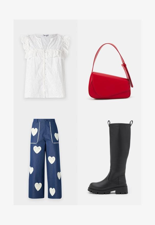 Balta blūze ar ruffle piedurknēm, pogu priekšpusi un izšūtām ziedu rakstiem ar maziem izgriezumiem visā audumā.; Sister Jane HEART TO HEART - Džinsi ar taisnām starām - blue denim; Melni ceļa augstie zābaki, kas izgatavoti no gludas ādas, ar masīvu zoli un nelielu papēdi. Aprīkoti ar cilpām un elastīgām sānu daļām, lai nodrošinātu ērtu uzvilkšanu.; Sarkans ādas rokassomi ar stūrainu, ģeometrisku dizainu. Iekļauj vienu regulējamu siksnu un vāku ar izšūtu detaļu.
