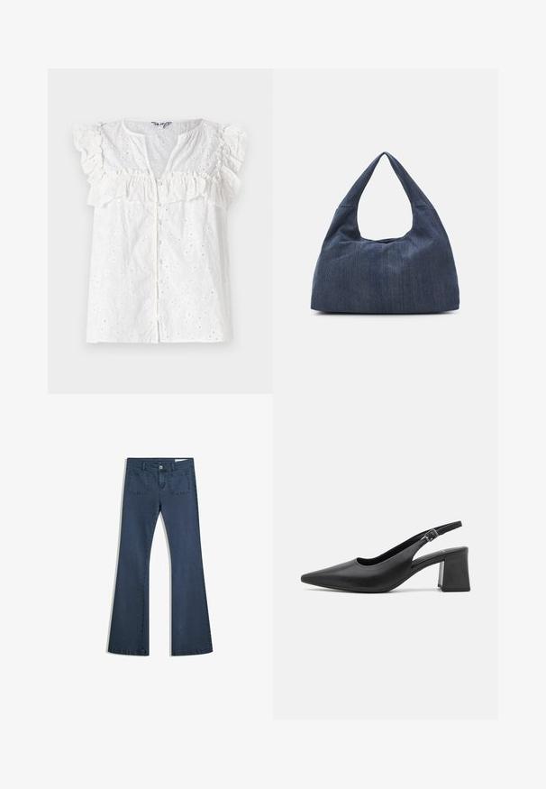 Blouse blanche avec des manches volantées, un devant à boutons et des motifs floraux brodés avec de petites découpes dans tout le tissu.; Jean en denim bleu foncé évasé avec poches surpiquées, fermeture à bouton et texture lisse. Dispose d'un design classique à cinq poches.; Chaussure à talon en cuir noir, à dos nu, avec un bout pointu et un large talon bloc. Elle dispose d'une sangle réglable avec une boucle en métal.; Sac en denim bleu foncé avec une forme douce et flasque, doté d'une anse de style hobo et d'une surface texturée. Aucune accent matériel visible.