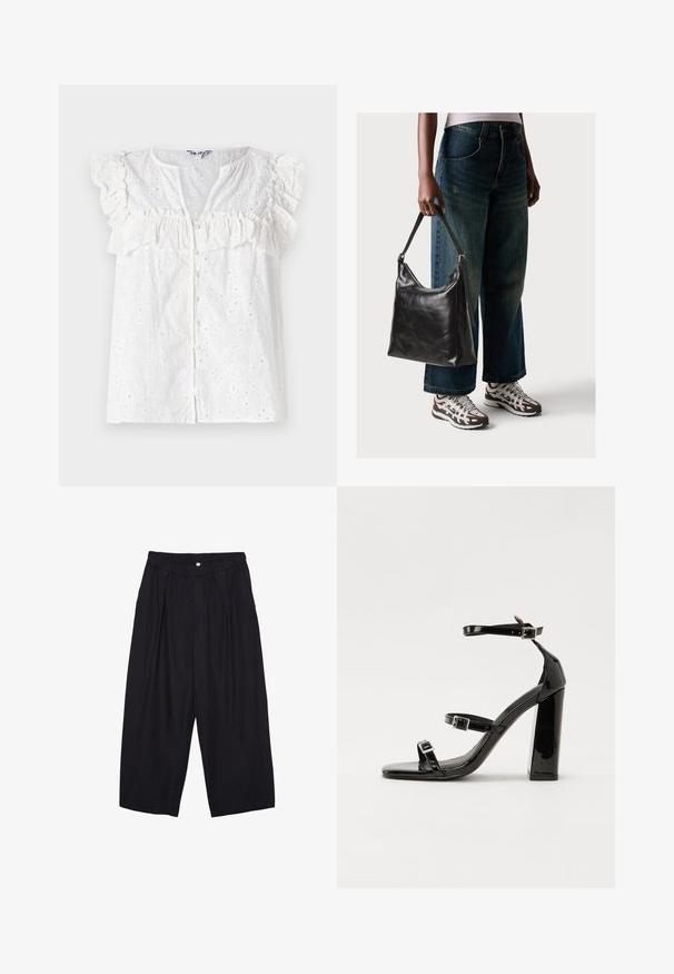Witte blouse met gerimpelde mouwen, een knoopsluiting aan de voorkant en geborduurde bloemenpatronen met kleine uitsparingen door de stof.; Zwarte polyester culottes met een elastische tailleband, twee voorkreukels en een losse pasvorm. Geen zichtbare patronen of hardware-details.; Zwarte gepatenteerde sandalen met hak en een vierkante neus, enkelbandjes en zilveren gespen. Heeft een stevige blokhak voor stabiliteit.; Zwarte leren schoudertas met een gladde textuur en een verstelbare strap, gecombineerd met vervaagde wijde jeans en sportieve sneakers.