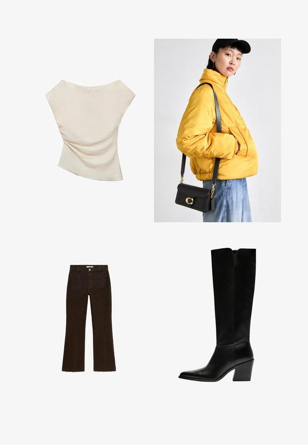 Top color crema con una superficie texturizzata a coste, caratterizzato da un design asimmetrico e ampie spalle drappate.; Jeans marroni a palazzo con vita alta, dotati di chiusura a bottoni, due tasche posteriori e dettagli a orlo sfrangiato. Realizzati in tessuto denim.; Stivali neri al ginocchio in pelle liscia, con punta appuntita, tacco a blocco e un'apertura a forma di V nella parte superiore.; Giacca gialla imbottita con colletto alto e tasca anteriore, abbinata a una borsa a tracolla nera con dettagli in oro. Pantaloni in denim casual.
