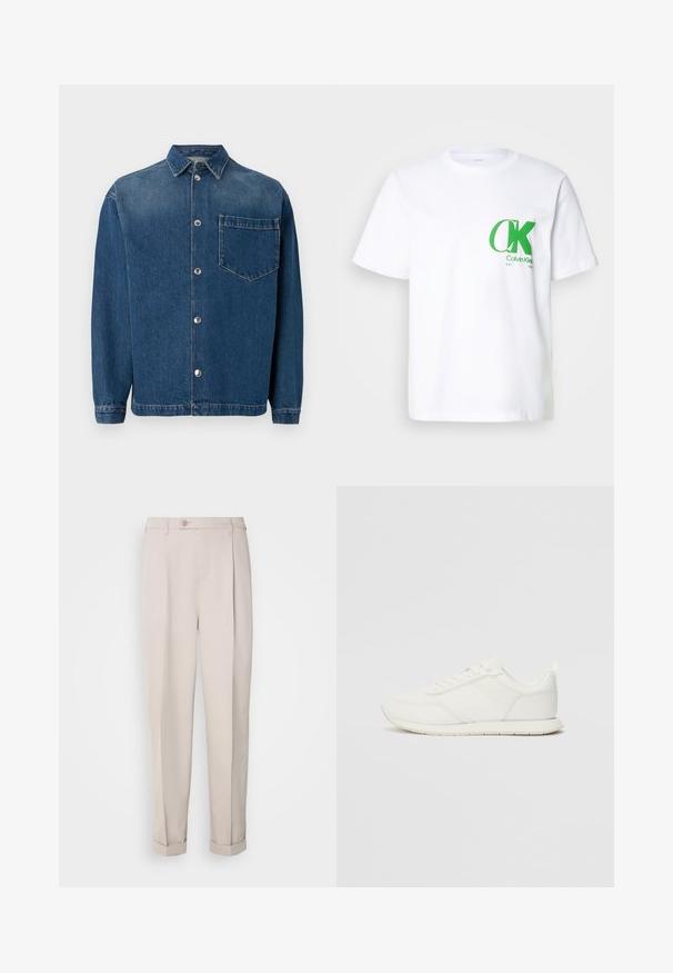 Mørkeblå denimskjorte med knapper foran, krave og en enkelt brystlomme. Glatt tekstur og klassisk passform. Sølvknapper som detaljer.; Hvit bomulls t-skjorte med en grønn CK-logo på venstre bryst. Klassisk crew neck-design med korte ermer og rett kant.; Beige bukser laget av glatt stoff, med rett passform, enkel legg, og oppbrettede mansjetter. Inkluderer en frontlukkeknapp.; Hvit sneaker med en mesh- og syntetisk overdel, rund tå, flate lisser og en teksturert sidestropp. Gummisåle med en pull-tab bak.