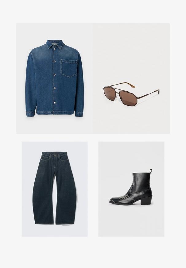 Tummansininen farkkupaita napituksella edessä, kauluksella ja yhdellä rintataskulla. Sujuva koostumus ja klassinen malli. Hopeiset napit varusteena.; Tummansiniset leveälahkeiset farkut denimiä, joissa viisi taskua, näkyvät saumat, nappikiinnitys ja siisti viimeistely.; Mustat nahkaiset nilkkurit, joissa on neliönmuotoinen kärki, koristeompeleet ja matala blokki korko. Varusteena vetonauha helppoa pukemista varten.; Ruskeat oktaaliset aurinkolasit ohuella mustalla metallikehyksellä, jota korostavat ruskeat temppelit. Tummat sävytetyt linssit tarjoavat UV-suojan.; Ruskea krokotiilien kuviollinen nahkakäsilaukku, jossa on yläkahvat ja irrotettava olkahihna. Ominaisuuksiin kuuluu solkilukko ja suorakulmainen muoto.