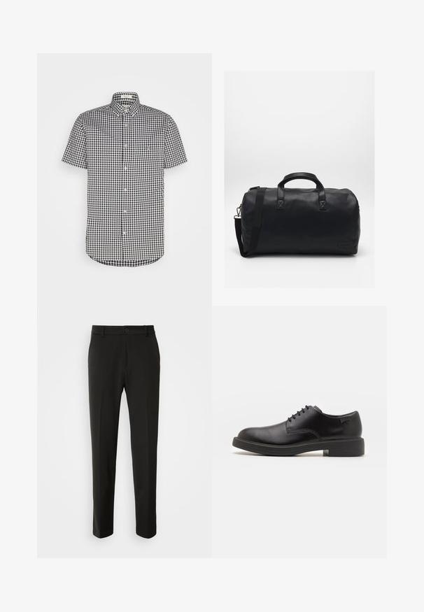 Kurzärmliges Hemd mit Knopfleiste im schwarz-weißen Vichy-Muster, aus Baumwolle, mit spitzem Kragen und Brusttasche.; Schwarze Hose aus glattem Stoff, mit geraden Beinen, einem Knopfverschluss und einem klassischen Design, das sowohl für formelle als auch für legere Anlässe geeignet ist.; Schwarzer Leder-Schnürschuh mit abgerundetem Zeh, glatter Textur, minimaler Naht und niedrigem Gummiabsatz. Logo auf der Ferse.; Schwarze Duffel-Tasche aus strukturiertem Kunstmaterial. Verfügt über zwei Griffe und einen verstellbaren Schultergurt. Einfaches Design ohne sichtbare Muster.