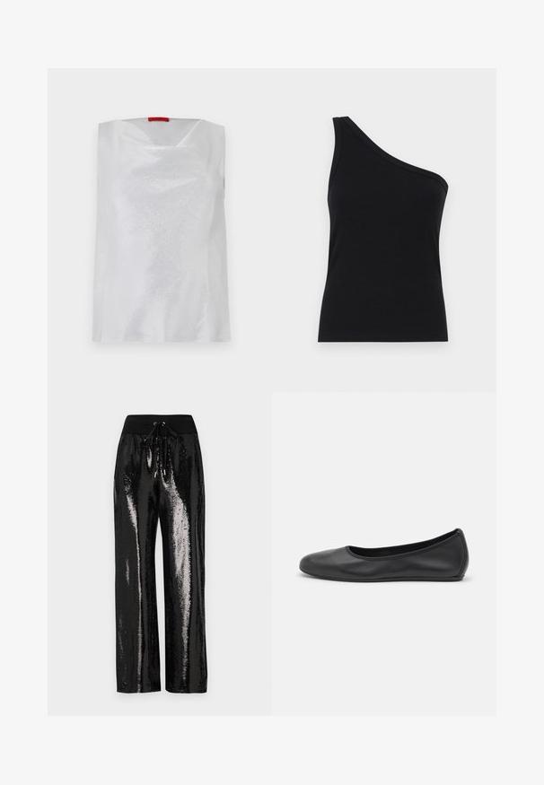 White sleeveless top featuring a subtle sheen, a square neckline, and a loose fit. Made from smooth fabric with a minimalist design.; One-shoulder black ribbed tank top with a fitted design and soft texture. Features a clean, minimal cut and smooth neckline.; Black sequined pants with a wide-leg cut and elastic waistband featuring a drawstring. The fabric has a reflective, shiny texture.; Black leather ballet flat with a rounded toe, smooth texture, minimal stitching detail, and a flexible sole design.