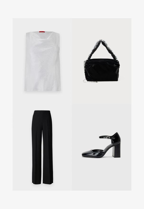 Weißes ärmelloses Top mit subtiler glänzender Oberfläche,quadratischem Ausschnitt und lockerer Passform. Hergestellt aus glattem Stoff mit minimalistischer Gestaltung.; Schwarze weite Hosen mit einer glatten Textur, ausgestattet mit einem hohen Bund und mittleren Falten. Keine sichtbaren Muster oder Hardware-Details.; Schwarze patentierte Leder-High Heels mit quadratischer Zehenform, Knöchelriemchen und dicker Absatz. Enthält durchbrochene Details entlang des Randes.; Schwarze Handtasche aus Kunstleder mit strukturiertem Finish, ausgestattet mit einem mit Perlen verzierten silbernen Akzent am oberen Griff und einem Kettenriemen.