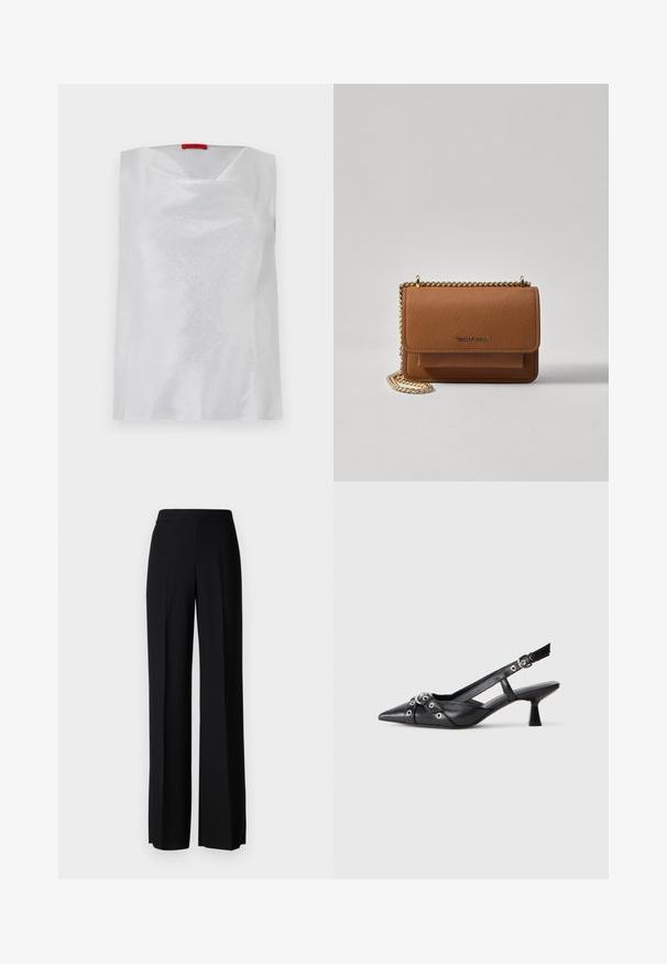 Weißes ärmelloses Top mit subtiler glänzender Oberfläche,quadratischem Ausschnitt und lockerer Passform. Hergestellt aus glattem Stoff mit minimalistischer Gestaltung.; Schwarze weite Hosen mit einer glatten Textur, ausgestattet mit einem hohen Bund und mittleren Falten. Keine sichtbaren Muster oder Hardware-Details.; Schwarzer Leder-Slingback-Schuh mit spitz zulaufender Zehenpartie, dekorativen Riemen mit METALLÖSEN und niedrigem Blockabsatz. Strukturelle Oberfläche.; Braune strukturierte Ledertasche mit goldener Kettenriemen und Klappenverschluss. Die Vorderseite zeigt ein Logo-Detail und eine Tasche unter der Klappe.