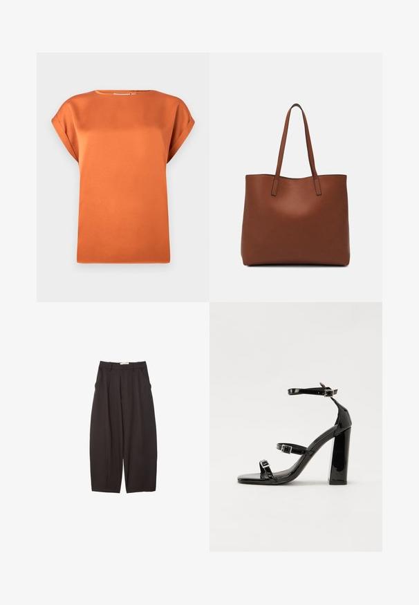 Rust-orange kortærmet bluse lavet af glat stof, med en rund halsudskæring og løs pasform, samt optrukne ærmekanter.; Sorte brede bukser lavet af et glat stof, med høj talje, forfaldne folder og sidelommer. Simpelt design uden udsmykninger.; Sorte patenterede hælsandaler med firkantet tå, ankelremme og sølvspænder. Har en chunky blokHæl for stabilitet.; Brun læder tote taske med en glat overflade, åben topdesign og to skulderremme. Har minimal syning og ingen synlig hardware.