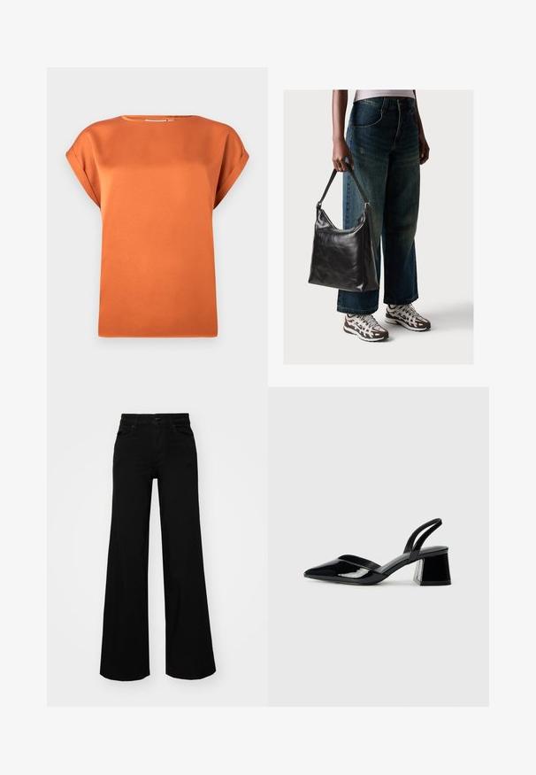 Rozsdabarna, rövid ujjú blúz sima anyagból, kerek kivágással és laza fazonnal, felgöngyölt ujjakkal.; Fekete, bő szárú farmernadrág, amelynek állítható derékrésze van, övhurkokkal és elülső zsebekkel. Simaság jellemzi, klasszikus dizájnnal.; Fekete lakk bőr szandálkés magas sarkú cipő, hegyes orral és geometrikus tömbsarkakkal. Karcsú, minimalista dizájn és sima textúra jellemzi.; Fekete bőr válltáska sima textúrával és állítható pánttal, melyet elnyűtt, bő szárú farmernadrággal és sportcipőkkel párosítottak.