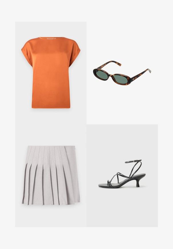 Rost-orange Bluse mit kurzen Ärmeln aus glattem Stoff, mit rundem Ausschnitt und lockerer Passform, versehen mit aufgerollten Ärmeln.; Grauer plissierter Rock mit glatter Textur, der mehrere vertikale Falten und eine taillierte Taille aufweist. Hergestellt aus leichtem Stoff.; Schwarze Absatzsandalen mit dünnen Riemen, offenem Zehenbereich und einem kleinen, ausgestellten Absatz. Das Material wirkt glatt und glänzend.; Schildpatt-Sonnenbrille mit ovalen Rahmen und grünen Gläsern. Verfügt über dünne Bügel mit einem metallischen Akzent in der Nähe der Scharniere.