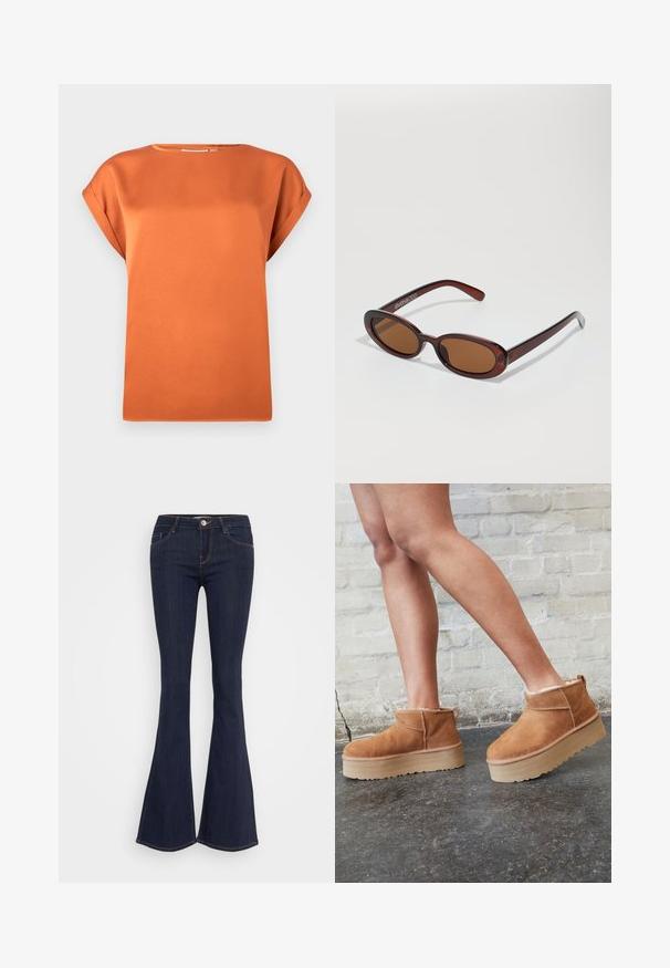 Blusa corta arancione ruggine a maniche corte realizzata in tessuto morbido, con scollatura rotonda e vestibilità ampia, caratterizzata da dettagli con risvolto.; Jeans a campana in denim scuro con vita aderente, caratterizzati da una chiusura frontale con bottone, design a cinque tasche e dettagli di cucitura lungo le gambe.; Stivali alla caviglia in suede marrone con una fodera morbida, suola platform spessa beige e un'asola posteriore. Superficie testurizzata con dettagli di cucitura ben visibili.; Occhiali da sole rotondi con tonalità marrone, montatura lucida color bordeaux. Aste sottili con un sottile dettaglio del marchio. Design delle lenti piatte.