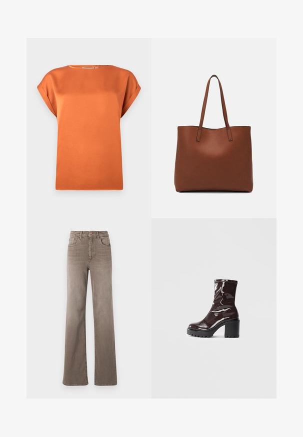 Blusa corta arancione ruggine a maniche corte realizzata in tessuto morbido, con scollatura rotonda e vestibilità ampia, caratterizzata da dettagli con risvolto.; Jeans dritti a vita alta marroni con bottone frontale, passanti per cintura e design classico a cinque tasche su sfondo bianco.; Stivale alla caviglia bordeaux lucido con un tacco spesso nero, caratterizzato da una superficie liscia e un design semplice. Nessuna chiusura visibile o motivo.; Borsa tote in pelle marrone con texture liscia, design con apertura superiore e due spallacci. Presenta cuciture minime e nessun hardware visibile.