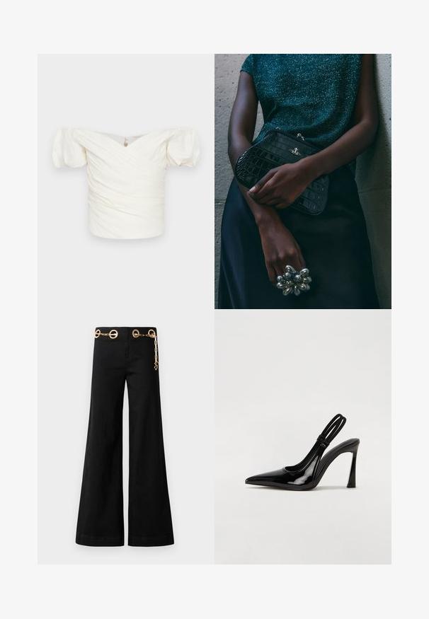 Blusa bianca off-the-shoulder con maniche a palloncino, caratterizzata da tessuto arricciato e design incrociato sul davanti. Texture liscia, dettagli minimi.; Body con manica lunga, colletto alto e design off-shoulder in un colore borgogna uniforme. Realizzato in un tessuto morbido ed elasticizzato.; Pantaloni neri a gamba larga realizzati in cotone, con elementi circolari in metallo dorato e un dettaglio a catena sulla vita. Texture liscia, taglio pulito.; Pompa slingback in vernice nera con punta affusolata, tacco alto e sottile, e doppia fascia elastica per una vestibilità sicura. Superficie liscia e lucida.; Clutch bag nera con motivo coccodrillo e hardware argentato, appoggiata su uno sfondo grigio texture. Presenta una superficie lucida.