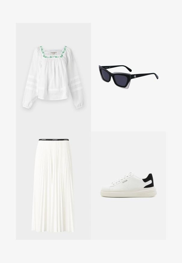 Biała bluzka z kwadratowym dekoltem, ozdobiona zielonym haftem kwiatowym wzdłuż kołnierza. Długie rękawy mają przezroczyste poziome paski.; Plisowana biała spódnica z czarnym elastycznym pasem z logo "LACOSTE". Średniej długości, o miękkiej teksturze.; Białe skórzane sneakersy z grubą białą podeszwą, czarnym zamszowym akcentem na pięcie oraz wytłoczonym logotypem z boku. Projekt z sznurówkami i sześcioma dziurkami.; Czarne, oversize okulary przeciwsłoneczne o geometrycznym kształcie, z ciemnymi soczewkami i kontrastującym szarym detalem na oprawie. Logo na ramieniu.
