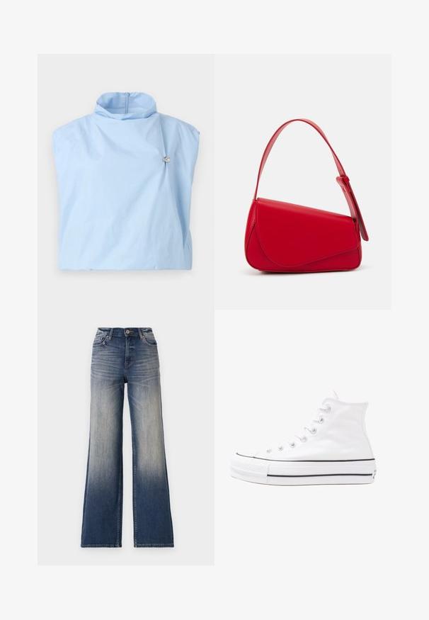 Svetlo modra brezrokavna majica z visokim ovratnikom in zadrgo. Ima srebrno detajlno okrasje spredaj. Gladek, lahek material.; Trenutno visoke široke hlače iz svetlo do temno modrega jeansa z izblidimi notranjostmi, z gumbom za zapiranje in zankami za pas. Čist rob in brez vidnih okrasnih elementov.; Beli visoki platneni športni čevelj z črnim gumijastim podplatom, sprednjim gumijastim zaščitnikom za prste in šestimi luknjicami za vezalke, ki se ponaša s preprostim, minimalističnim dizajnom.; Rdeča usnjena torba z angularnim, geometrijskim dizajnom. Ima en samostoječ nastavljiv ročaj in pokrov, zaprt z zapiranjem, ki je okrašen s šivi.