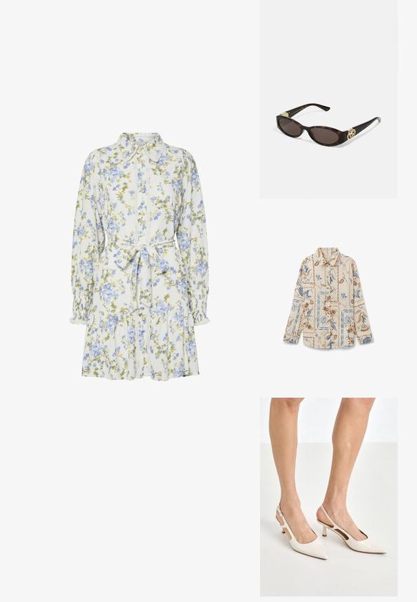Chemise à manches longues en tissu crème, avec un motif floral bleu et marron agrémenté d'accents carrés. Fermeture à boutons sur le devant et col.; Robe florale blanche avec des fleurs bleues et vertes, dotée d'un col, d'une fermeture à boutons sur le devant, de manches longues avec des poignets élastiques et d'une ceinture à la taille.; Escarpins à talon slingback en cuir verni beige avec un bout pointu et un talon de 5 cm, présentant des côtés découpés et une fine bride à la cheville.; Lunettes de soleil en écaille, avec des verres ovales allongés, teinte marron, accents de logo doré sur les branches et montures noires élégantes.; Sac à main en beige à motif, avec une forme incurvée, des accents en cuir et un logo en ton doré sur le devant. Il dispose d'une poignée courte pour un transport facile.; Collier en perles et cristaux avec un design rond et perlé dans des teintes douces, comportant des perles alternées et des accents scintillants, porté autour du cou.
