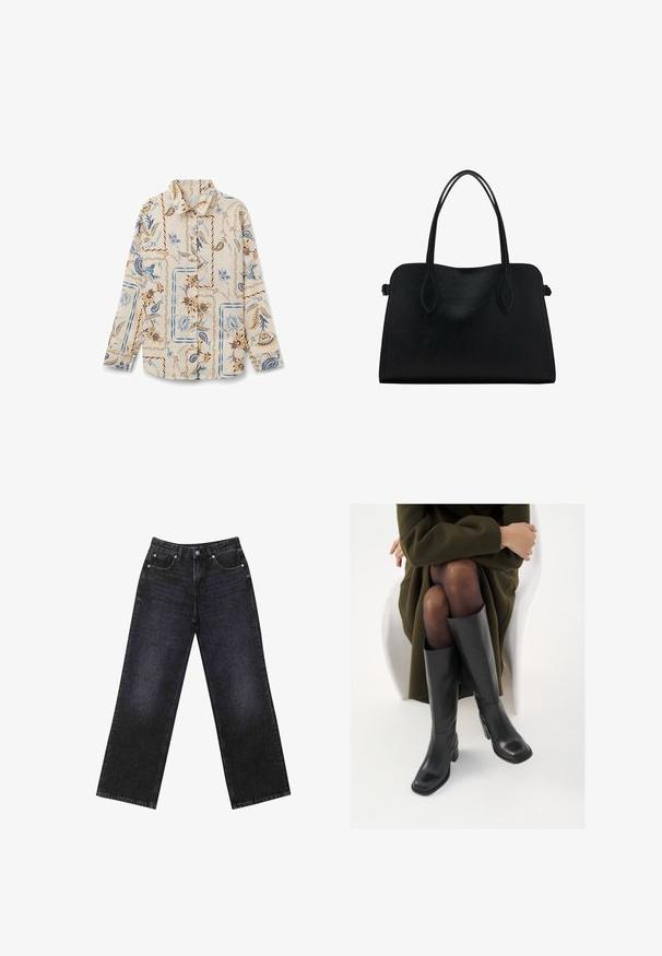 Langsleeve shirt gemaakt van crèmekleurige stof, met een blauw en bruin bloemenpatroon met vierkante accenten. Voorzien van een knoopsluiting en kraagdesign.; Hoge taille zwarte denim jeans met een wijde pijp, vijf zakken en zichtbare stiksel. De stof heeft een gladde, licht gestructureerde afwerking.; Knieschijf hoge zwarte leren laarzen met een vierkante neus en blokhak, getoond met een model dat zit in een olijfgroene jas. Gladde textuur, minimale details.; Zwarte leren handtas met dubbele schouderriemen, rechthoekige vorm en minimalistisch ontwerp op een witte achtergrond.
