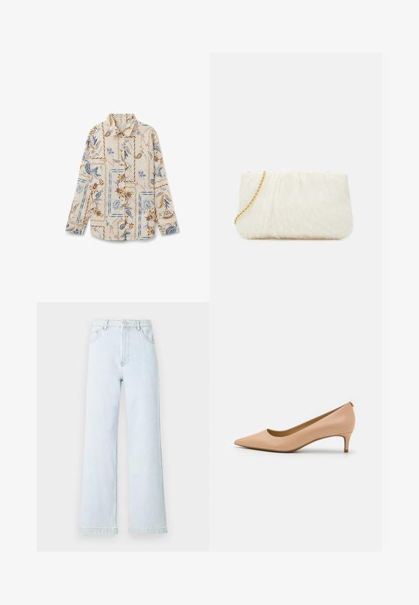 Långärmad skjorta i krämfärgad tyg, med ett blått och brunt blommönster samt fyrkantiga detaljer. Knäppning fram och krage.; Ljusblå denim bredbenade jeans med hög midja, femficksdesign och detaljer i guldtråd. Slät yta och rak passform.; Spetsig pumps i ljusbeige läder, med låg klack, slät yta och minimalistisk design med en subtil detalj bak.; Vit, strukturerad clutch-väska med ett samlat mönster, prydd med ett guldkedjesnor. Slät yta med subtila vågor och rundade kanter.