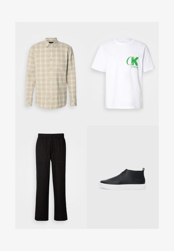 Mads Nørgaard ALASKA CHECK SUNE SHIRT - Marškiniai - vanilla ice/silver sage; Balta medvilninė t-shirt su žaliu CK logotipu ant kairės krūtinės. Klasikinis apvalios iškirptės dizainas su trumpomis rankovėmis ir tiesiu apačios kraštu.; Juodos kelnės su laisvu siluetu, pagamintos iš lengvos medžiagos. Yra elastingas juosmuo, mygtuko užsegimas ir dvi priekinės kišenės.; Juodi odiniai aukšti sportbačiai su lygia apdaila, balta guma padu ir paprastu raištelių dizainu. Gale yra įtempimo juostelė.
