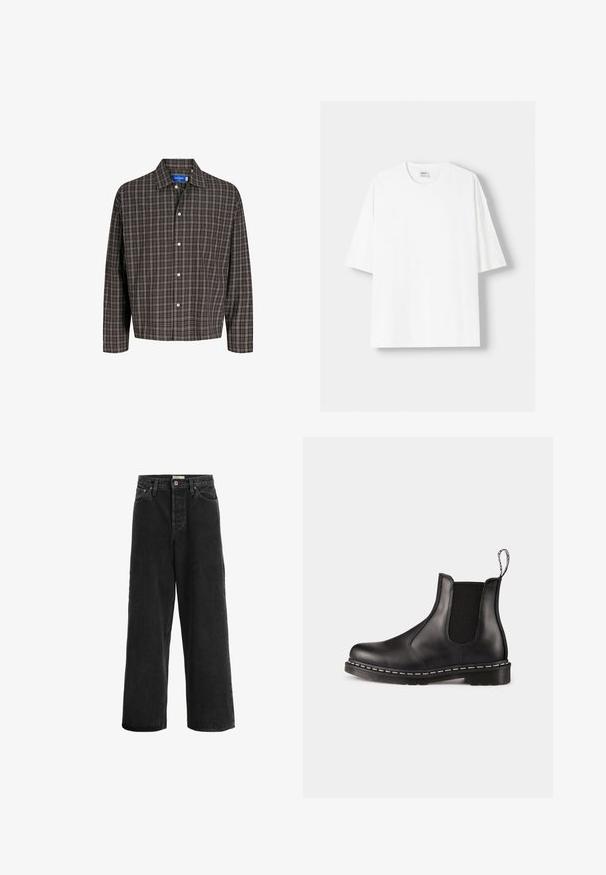 Braun- und schwarzkariertes Hemd mit Button-Down-Kragen und einer Brusttasche, frontal vor einem weißen Hintergrund präsentiert.; Weißes kurzärmliges T-Shirt aus Baumwolle mit Rundhalsausschnitt und lockerer Passform. Glatte Textur, ohne sichtbare Muster oder Akzente.; Schwarze weit geschnittene Jeans aus Denim. Sie verfügt über eine hohe Taille, zwei Fronttaschen, einen Knopfverschluss und dezente Nähte.; Schwarze Leder-Chelsea-Stiefel mit elastischen Seitenpaneelen, abgerundeter Zehenpartie, Ziehschlaufe, weißer Naht an der Sohle und strukturiertem Gummiaußensohle.