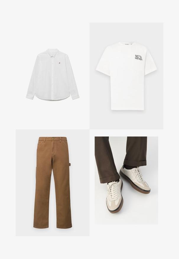 Les Deux OXFORD - Marškiniai - white; Balti trumpomis rankovėmis medvilniniai marškinėliai su juodu grafiniu užrašu „HAPPY HOLIDAYS“ kairėje krūtinės pusėje.; Rudos medvilniniai cargo džinsai tiesiomis kojomis, su šoninėmis kišenėmis ir metaliniu mygtuko uždarymu ties liemeniu. Lygi tekstūra ir kasdieniškas dizainas.; Bežiniai sportbačiai su tekstūruotu zomšinės priekine dalimi, lygiomis odinėmis šoninėmis dalimis ir ruda guminėmis padais. Į komplektą įeina juostelės ir šviesūs siuvimo detalės.