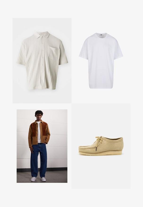 Camicia a maniche corte di colore beige chiaro con colletto, texture a righe verticali, cinque bottoni e taschino sul petto.; Maglietta bianca in cotone con maniche corte, scollatura rotonda, vestibilità comoda e senza loghi o motivi visibili. Texture liscia e design minimale.; Uomo che sta in piedi all'interno, indossando una giacca di velluto a coste marrone con macchie arrugginite, una maglietta bianca, jeans blu larghi e sneaker bianche.; Scarpa in suede beige con design a lacci, dettagli cuciti e suola in gomma. La forma è casual con un leggero tacco a cuneo.