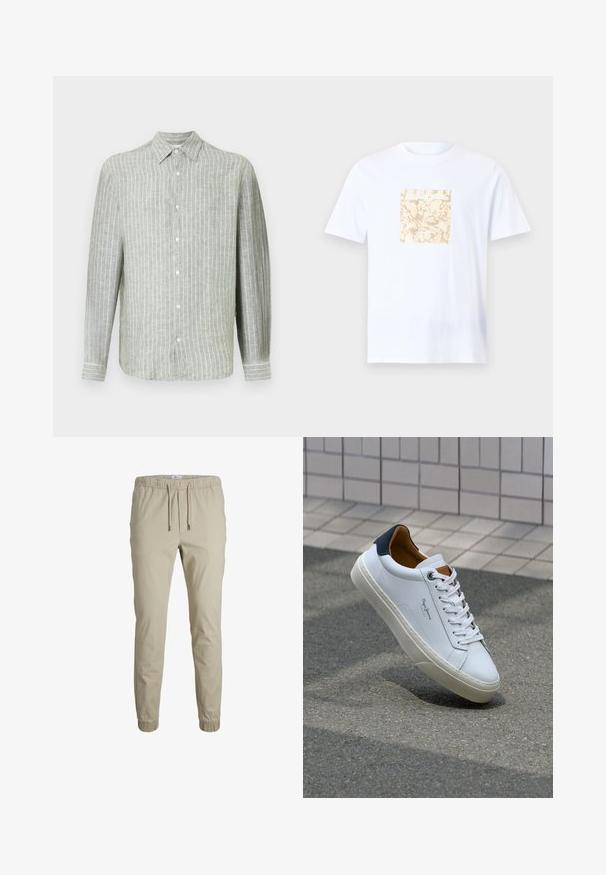 Camicia a maniche lunghe a righe verde chiaro in tessuto di lino. Presenta un colletto, una chiusura frontale con bottoni e sottili righe verticali per la texture.; T-shirt bianco in cotone con una grafica quadrata beige al centro, caratterizzata da un motivo testurizzato. Maniche corte e scollatura rotonda.; Joggers beige a gamba affusolata con vita elastica, coulisse e polsini alla caviglia, realizzati in tessuto morbido. Presentano una texture liscia e un design minimalista.; Sneaker bianca in pelle con tallone blu, punta rotonda e accenti marroni a contrasto. Presenta lacci piatti e suola in gomma testurizzata.