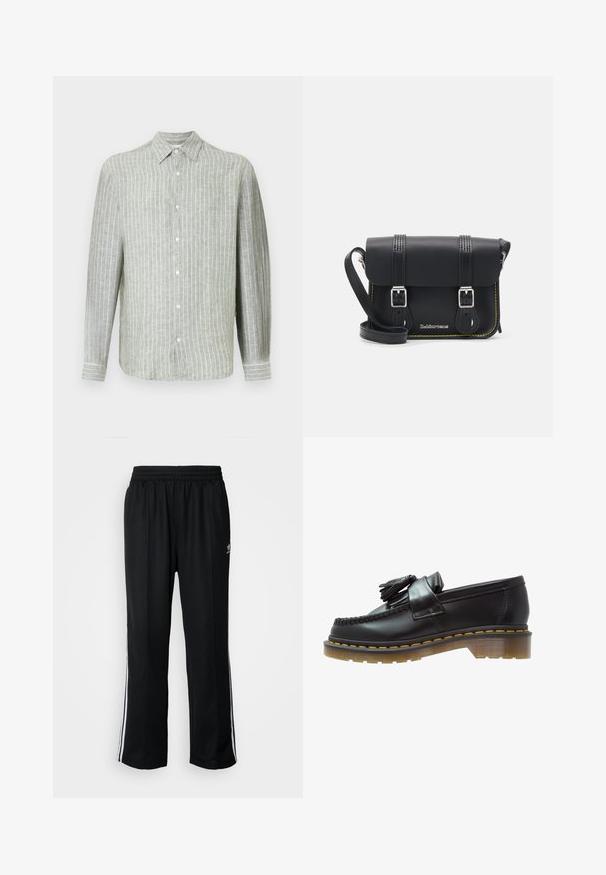 Gaišzaļš svītrainā garo piedurknu krekls, izgatavots no linu. Tam ir apkakles izgriezums, priekšējā pogu aizdare un smalkas vertikālas svītras tekstūrai.; Melni sporta bikses ar elastīgu jostas vietu, kurām ir baltas sānu svītras un neliels logotips. Materiāls izskatās mīksts un viegls.; Melni ādas loafers ar teksturētu apdari, ar dekoratīvu pušķi un kontrastējošām dzeltenām šuvēm, uz masīvas caurspīdīgas zoles.; Melna ādas crossbody soma ar vāciņu, divām sudraba sprādzēm, dzeltena diega šuvēm un regulējamu siksnu. Iespējas ar gludu faktūru un kompakto dizainu.