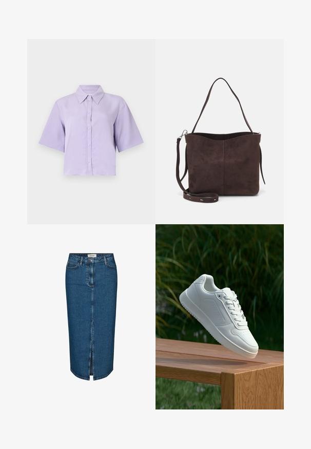Krátký rukáv, zkrácená košile ve světle levandulové barvě s špičatým límečkem, předním zapínáním na knoflíky a hladkým, lehkým textura látky.; Džínová tužková sukně v tmavě modré barvě, s předním rozparkem, pěti kapsami a kontrastním prošíváním. Střední pas s klasickým designem.; Bílé tenisky s hladkým syntetickým svrškem, perforovanou špičkou, plochými tkaničkami a texturovanou podrážkou, vystavené na dřevěném povrchu.; Hnědá semišová taška přes rameno s jemnou texturou, vybavená jedním popruhem na rameno a decentním zakřiveným horním otvorem. Žádné viditelné detaily z hardware.