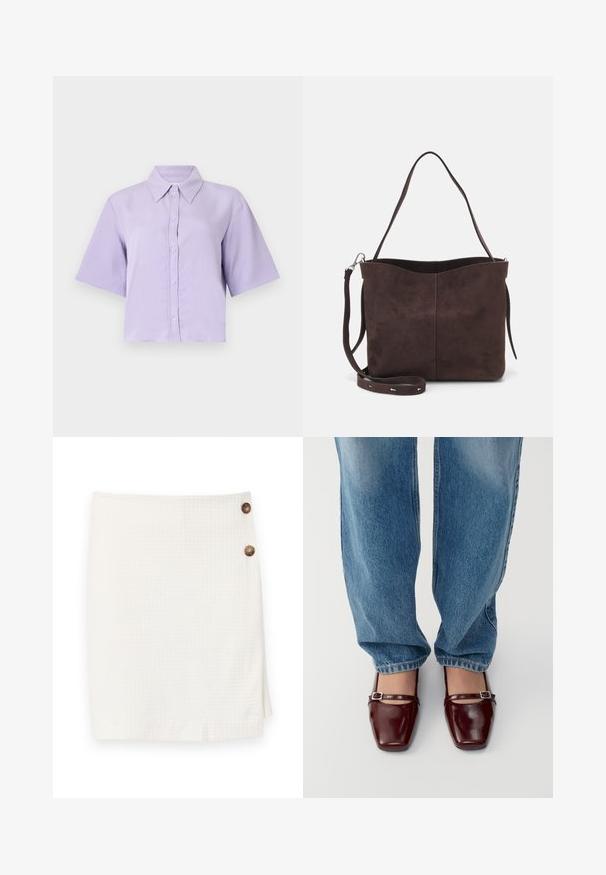 Camisa de manga corta y corta en color lavanda claro, con cuello apuntado, cierre de botones en el frente y textura de tela suave y ligera.; Falda blanca con una tela texturizada, que presenta un diseño tipo envolvente y dos botones redondos en el lateral para el cierre.; Zapatos de charol burdeos con punta cuadrada y tira alrededor del tobillo, combinados con unos vaqueros de corte suelto en azul claro. Los zapatos tienen un acabado brillante.; Bolso tote de ante marrón con una textura suave, que presenta una sola correa para el hombro y una sutil apertura curva en la parte superior. Sin detalles de herrajes visibles.
