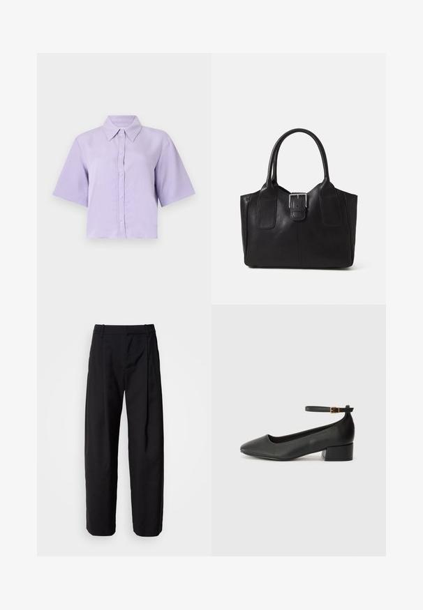 Short-sleeve, cropped shirt in light lavender with a pointed collar, front button closure, and smooth, lightweight fabric texture.; Black trousers with a relaxed fit, pleated front, and belt loops. Smooth fabric and straight legs, featuring side pockets.; Black leather pump with a pointed toe and a low block heel. Features an ankle strap with a gold-tone buckle. Smooth texture.; Black leather tote bag with smooth texture, structured shape, two handles, and a prominent silver buckle detail on the front.