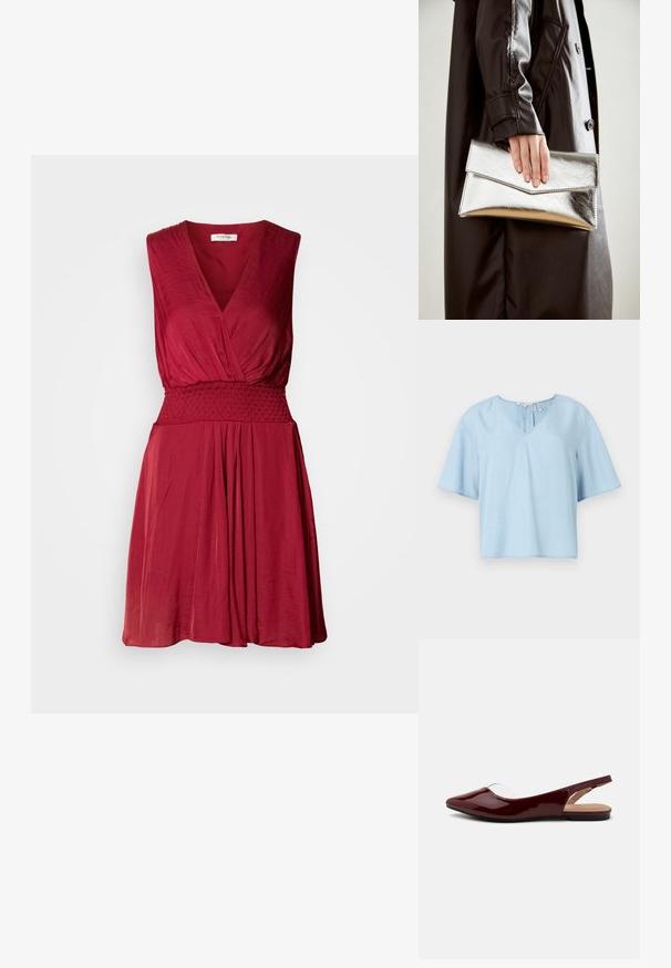 Šviesiai mėlyna trumpomis rankovėmis palaidinė, pagaminta iš minkštos medžiagos. turi V formos iškirptę, laisvą siluetą ir matomus siūles apvade.; Raudona be rankovių suknelė su giliais V formos iškirpimu, smulkia juosmens dalimi ir pūkuota sijonu. Minkšta, lengva medžiaga su subtilia tekstūra.; Bordinės patentinės slingback balerinų bateliai su smailiu pirštu, permatomu išpjova ir plokščia juoda sole. Sklandus paviršius, minimalistinis dizainas.; Sidabrinis metalinis rankinukas su kampuota vokų forma, sklandžiu paviršiumi ir kontrastinga vidine spalva, laikomas rankoje, apsirengusioje juoda striuke.