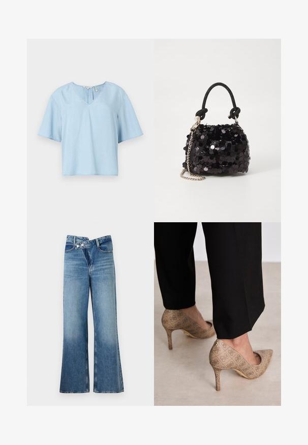 Világoskék, rövid ujjú felső, puha anyagból készült. V-nyakú dizájnnal, laza szabással és látható varrással a szegélynél.; Világoskék, harang szabású farmernadrág magas derékkal, két gombbal és elülső zsebekkel. Az anyag megjelenése kopott, apró eltérésekkel.; Beige magassarkú cipők texturált anyagból, ismétlődő mintával. Hegyes orrú kialakítás, hátsó díszítéssel és arany sarkú részlettel.; Fekete flitteres mini kézitáska csomózott textúrájú pánttal és ezüst lánccal. Lekerekített forma, ráncolt tetejével és fényvisszaverő részletekkel.
