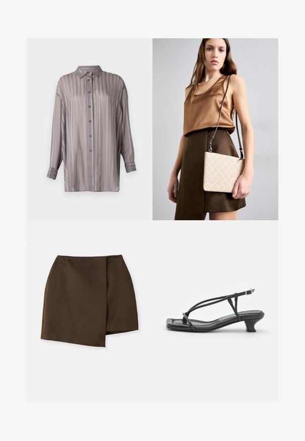 Camicia grigia chiara con righe verticali, maniche lunghe e colletto. Realizzata in un tessuto liscio e leggermente trasparente.; By Malene Birger RAYE - Gonna a campana - dark mahogany; Sandalo in pelle nera con cinturini sottili, tacco basso a blocco e punta quadrata. Presenta una chiusura con fibbia e una superficie liscia.; Borsa a tracolla beige con superficie testurizzata, caratterizzata da un motivo a diamante e una lunga tracolla regolabile. Finitura liscia, forma rettangolare.