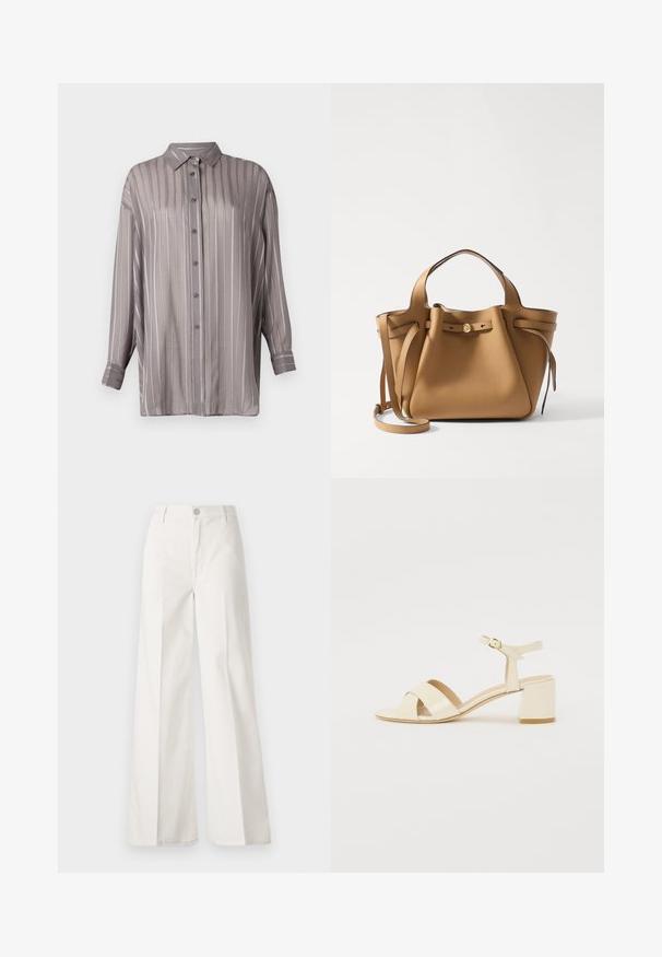 Light gray button-up shirt with vertical stripes, long sleeves, and a collar. Made of a smooth, slightly sheer fabric.; White wide-leg trousers made from cotton with a smooth texture. Features a front button, zipper fly, and four-pocket design.; Beige patent leather heeled sandals with cross strap design, open toe, adjustable ankle strap, and a block heel. Smooth texture.; Tory Burch ROMY PEBBLED SATCHEL - Handbag - tiramisu