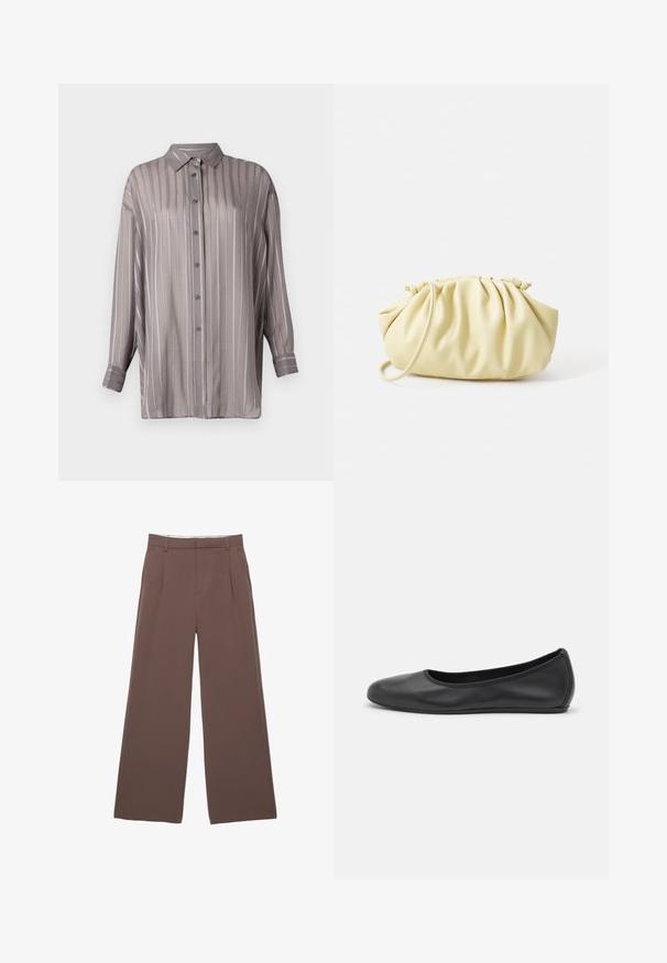 Világosszürke, csíkos gombos ing hosszú ujjakkal és gallérral. Simább, enyhén áttetsző anyagból készült.; Széles szárú nadrág egyszínű barna anyagból, sima textúrával, elöl pliszékkel és szabott derékpánttal. Nincsenek látható logók vagy minták.; Fekete bőr balettcipő lekerekített orral, sima tekstúrával, minimális varrással és rugalmas talp kialakítással.; Sárga redőzött kézitáska sima műbőrből, puha formával, egy vállpánttal és ráncolt felső kialakítással.