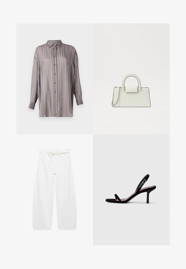 Light gray button-up shirt with vertical stripes, long sleeves, and a collar. Made of a smooth, slightly sheer fabric.; White wide-leg pants made of lightweight fabric, featuring a drawstring waist, two front pockets, and simple metal hardware accents.; Black suede women's high-heeled sandal with slim straps and a gold buckle on a white background, side view.; Quilted white handbag with a structured design, top handle, detachable chain strap, and a raised logo on the clasp.