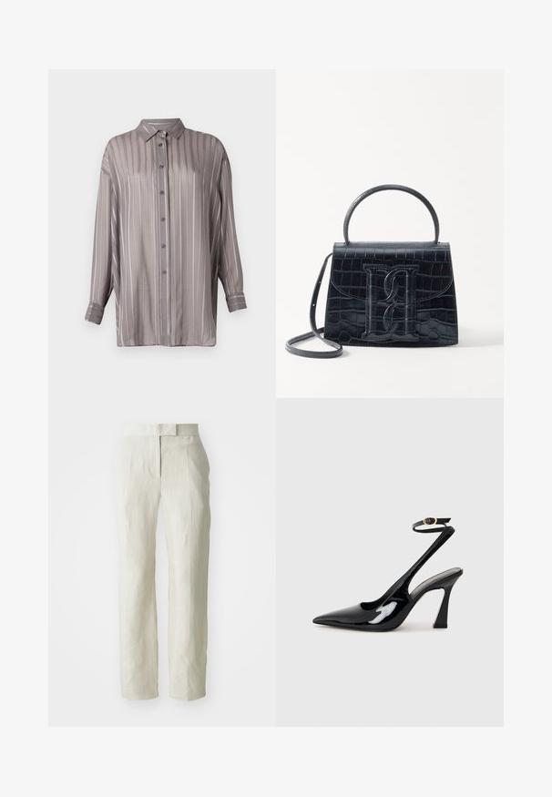 Šviesiai pilka marškinėliai su vertikaliomis juostelėmis, ilgomis rankovėmis ir apykakle. Pagaminti iš lygaus, šiek tiek permatomo audinio.; Balti lininiai kelnės, pritaikytos figūrai, su lygiu priekyje ir tiesiomis kojomis. Sklandus paviršius su šiek tiek raukšlių detale.; Juodai lakuoti slingback aukšti kulniukai su smailiu nosiu, reguliuojama čiurnos juostele ir vidutinio dydžio blokiniu kulnu. Lygus paviršius su blizgiu apdaila.; Juodas krokodilo rašto odinis rankinės krepšys su struktūruotu dizainu, viršutine rankena, reguliuojamu dirželiu ir išsiskiriančiu priekinio logo detale.