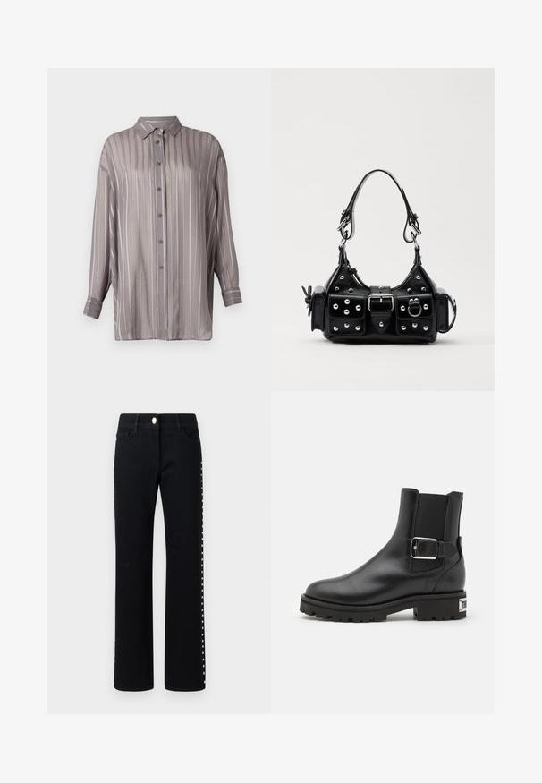 Camicia grigia chiara con righe verticali, maniche lunghe e colletto. Realizzata in un tessuto liscio e leggermente trasparente.; Jeans neri in denim con design a gamba dritta, caratterizzati da borchie argentate lungo il lato esterno e una vita standard con chiusura a bottone.; The Kooples CHAUSSURES - Stivaletti texani / biker - black; Borsa a mano in pelle nera con design curvo, caratterizzata da borchie argentate, una fibbia e due tasche laterali. Tracolla regolabile per diverse opzioni di trasporto.