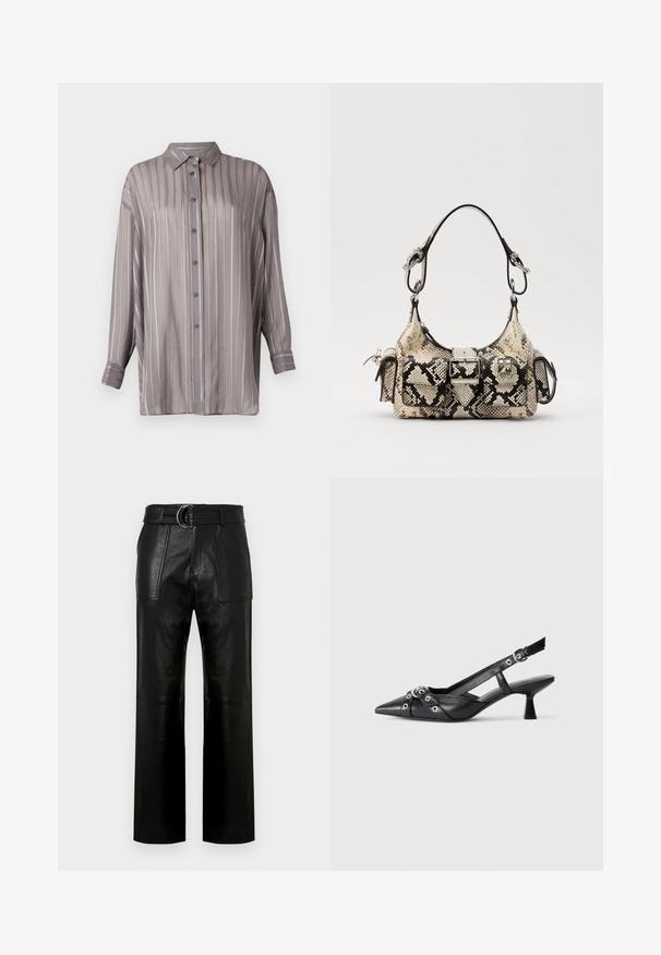 Light gray button-up shirt with vertical stripes, long sleeves, and a collar. Made of a smooth, slightly sheer fabric.; High-waist black leather pants with wide legs, large front patch pockets, and a matching belt with double-ring buckle.; Black leather slingback shoe with a pointed toe, decorative straps featuring metal eyelets, and a low block heel. Textured surface.; Python-print handbag in beige and black, featuring a structured shape, buckle detail, and dual shoulder straps. Textured surface.