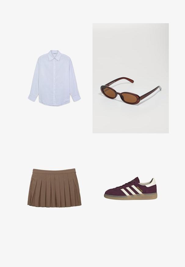 Weißes Hemd mit Knöpfen aus leichtem Stoff, das einen klassischen Kragen, lange Ärmel und einen abgerundeten Saum aufweist. Knöpfe entlang der Vorderseite.; Brauner gefalteter Minirock mit einem Taillenbund und subtilen Seitenlogo-Details auf einem weißen Hintergrund.; Bordeauxfarbene Wildledersneaker mit weißen drei Streifen und beigen Akzenten. Verfügt über eine strukturierte Gummisohle und goldene Markenlogo auf der Seite.; Runde, braun getönte Sonnenbrillen mit einem glänzenden burgunderfarbenen Rahmen. Schlanke Bügel mit dezentem Branding. Flaches Linsendesign.; Braune, geflochtene Lederhandtasche mit einer lässigen, dreieckigen Form. Verfügt über einen geflochtenen Griff und einen Reißverschluss an der Oberseite.
