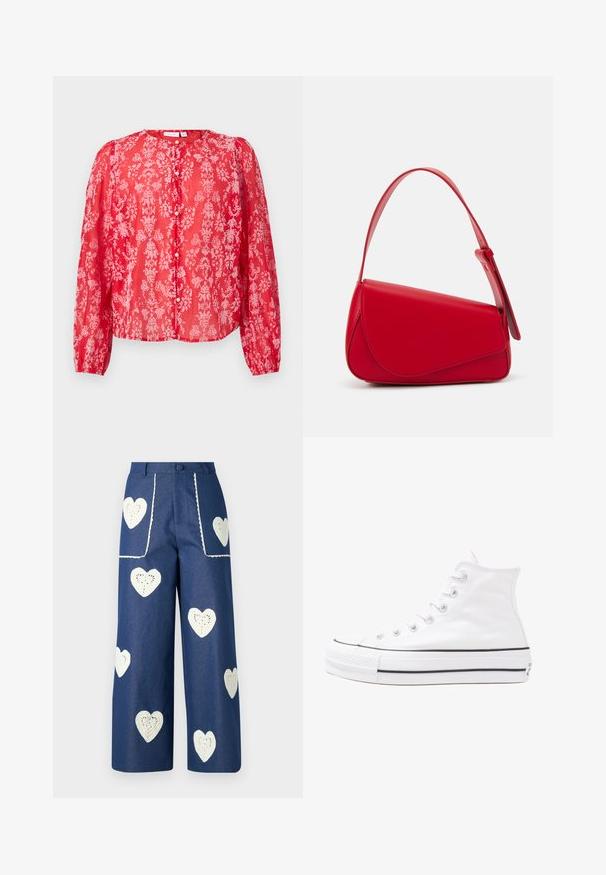 Blusa floreale rossa realizzata in tessuto trasparente con maniche lunghe, scollatura rotonda e chiusura a bottone; presenta motivi floreali rosa su tutta la superficie.; Sister Jane HEART TO HEART - Jeans a sigaretta - blue denim; Sneaker alta in tela bianca con suola in gomma nera, punta in gomma frontale e sei asole per i lacci, caratterizzata da un design pulito e minimalista.; Borsa a tracolla in pelle rossa con un design angolare e geometrico. Presenta una singola tracolla regolabile e una chiusura a patta con dettagli cuciti.