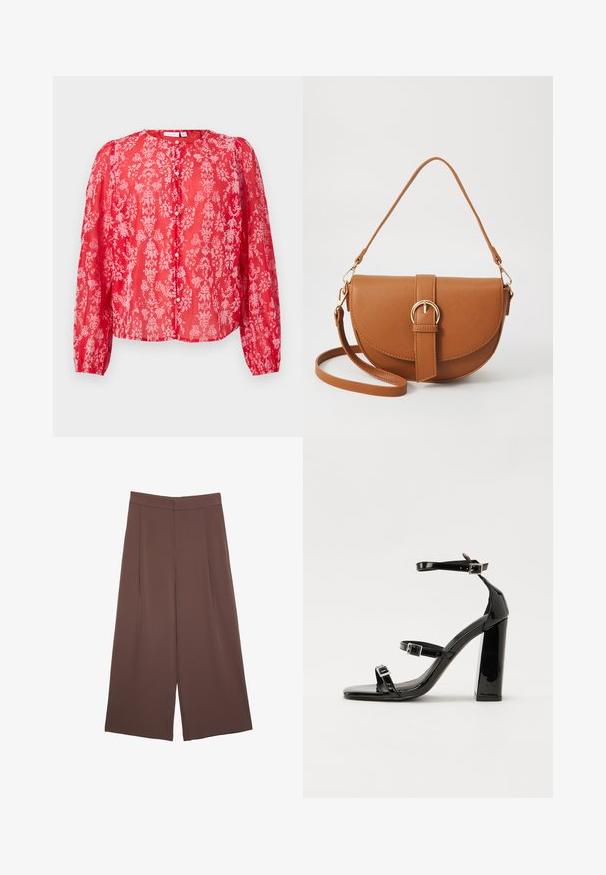 Rote Bluse mit Blumenmuster aus transparenter Stoff, langen Ärmeln, rundem Halsausschnitt und Knopfverschluss; weist pinkfarbene Blumenmuster auf.; Braune Weite-Leg-Hosen mit einer glatten Textur, hoher Taille und Vorderfalten. Der Stoff ist leicht und fällt locker.; Schwarze Lackleder-Sandalen mit hohen Absätzen, zwei Riemen mit Schnallen, quadratischer Zehenpartie und klobigem Blockabsatz, mit einer glatten, glänzenden Textur.; Braune Leder-Crossbody-Tasche mit geschwungener Form, goldfarbenen Beschlägen und einer Schnallenakzentuierung. Verfügt über einen abnehmbaren Schultergurt.