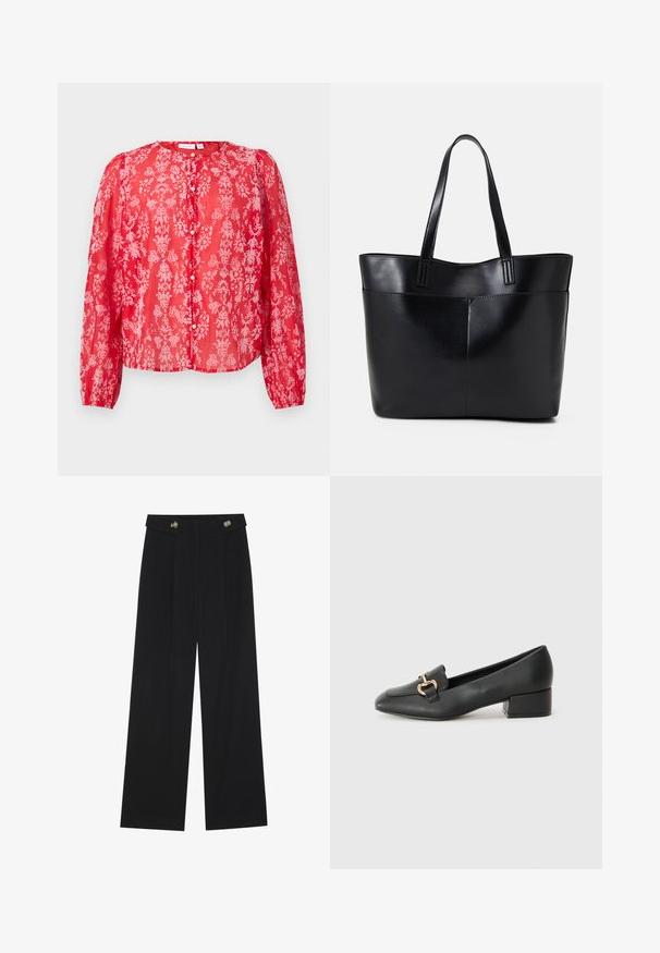 Red floral blouse made of sheer fabric with long sleeves, round neckline, and button closure; features pink floral patterns throughout.; Black wide-leg trousers with high waist, button details on waistband, and front pleats.; Black leather loafers with a flat heel, featuring a decorative gold hardware detail on the front and a smooth texture.; Black leather tote bag with two long handles, a smooth texture, and a structured shape. Features a front pocket for additional storage.