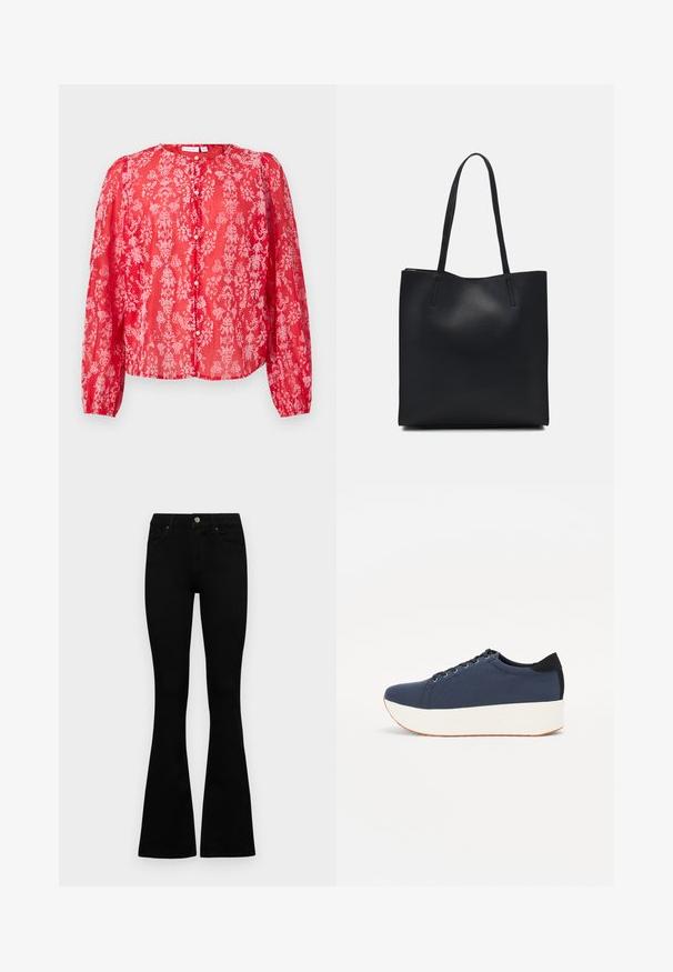 Red floral blouse made of sheer fabric with long sleeves, round neckline, and button closure; features pink floral patterns throughout.; Black high-waist jeans with a button and zip closure, front pockets, and flared legs laid flat on a white background.; Navy blue sneaker with a textured fabric upper, white platform sole, rounded toe, and black heel accent. Features six eyelets for laces.; Black leather tote bag with smooth texture, rectangular shape, and two long handles. No visible hardware or embellishments.