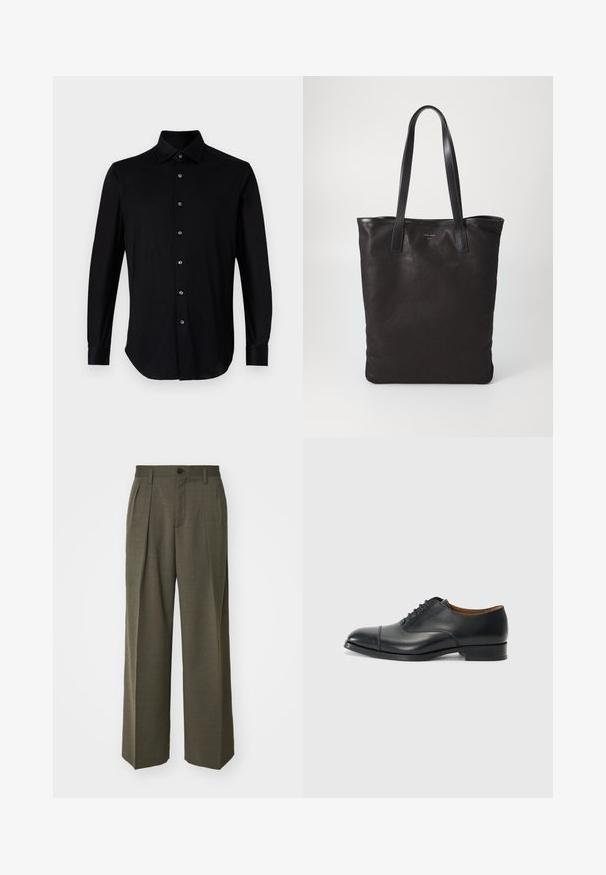 Črna srajca z dolgimi rokavi in gumbi ter s poudarjenim ovratnikom in gumbnimi manšeti na enobarvni beli podlagi.; Filippa K WIDE TROUSERS - Hlače - driftwood; Črne usnjene oblečne čevlje z gladko površino, okrogle konice, petimi luknjami za vezalke in nizkim blok peto. Minimalističen dizajn s subtilnim šivanjem.; Črna platnena torba s črnimi usnjenimi ročaji. Preprost dizajn, prostorna notranjost in gladka tekstura. Brez vidnih logotipov ali vzorcev.
