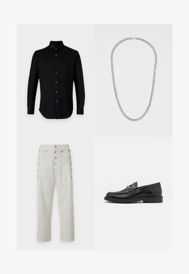 Schwarze Langarm-Hemd mit Knöpfen, spitzem Kragen und geknöpften Manschetten auf einem einfachen weißen Hintergrund.; Cremfarbene Hose mit geradem Schnitt, die dekorative silberfarbene Knopfdetails an beiden Seiten sowie eine glatte Stoffstruktur bietet.; Schwarze Lederleter mit einer abgerundeten Zehenpartie, ausgestattet mit goldenen Hardwareakzenten und Stichdetails, auf einer niedrigen, strukturierten Gummisohle.; DARKAI TENNIS LONG UNISEX - Halskette - silver-coloured